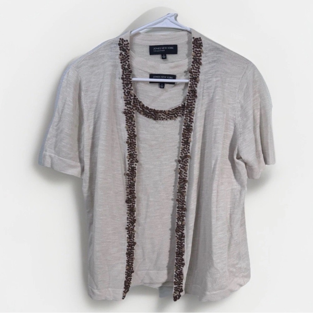 Jones Of New York NWT Two Piece Cardigan & Beaded Tank Set Women's Cream ‎ Small